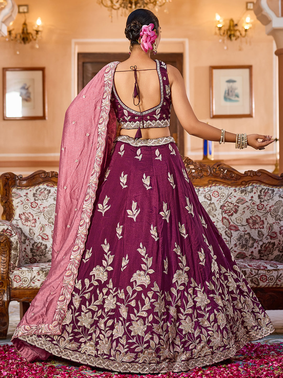 BURGUNDY - Silk Fabric Sequins embroidery Lehenga & Unstitched Blouse With Dupatta