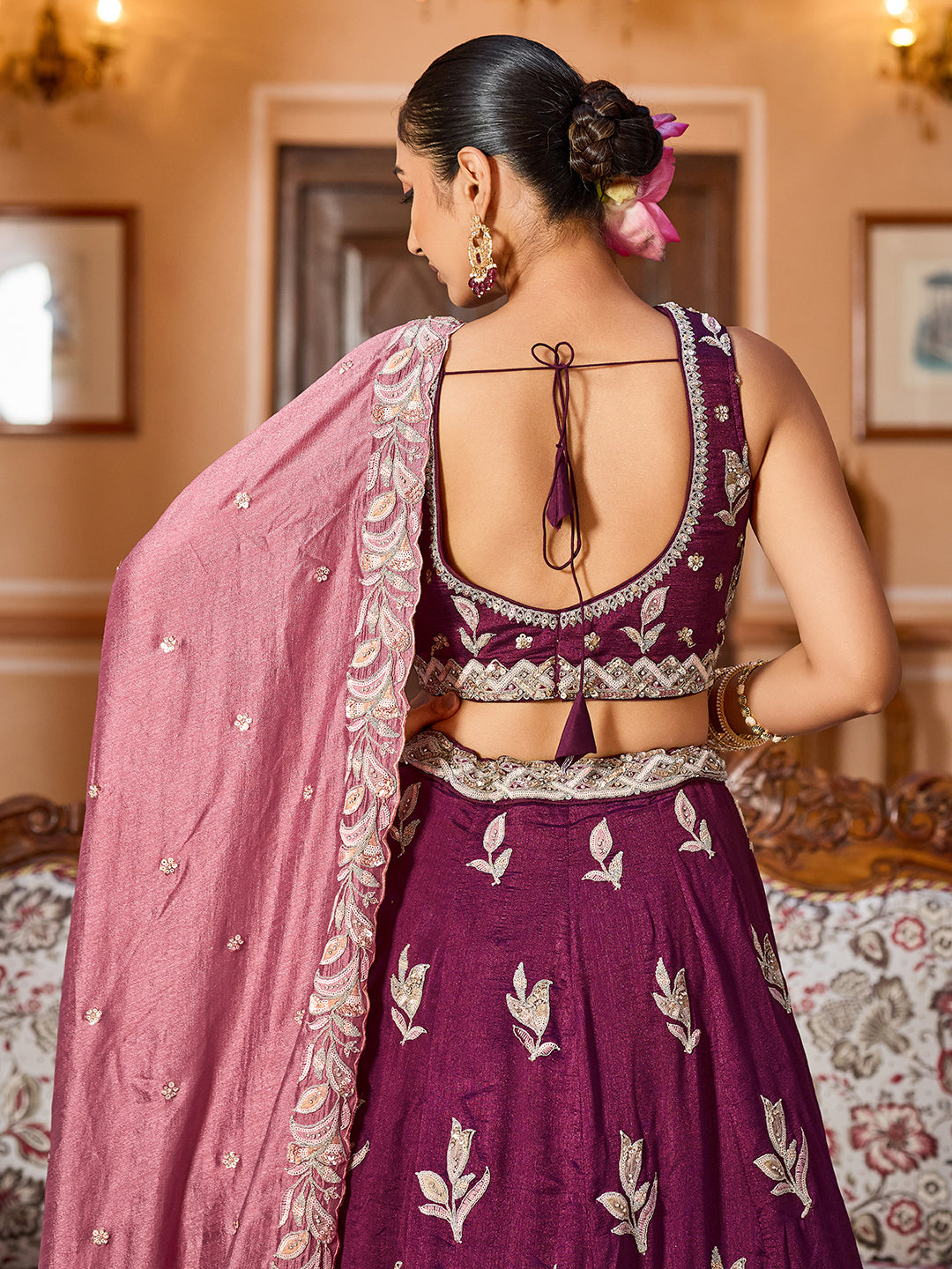 BURGUNDY - Silk Fabric Sequins embroidery Semi-Stitched Lehenga & Unstitched Blouse With Dupatta