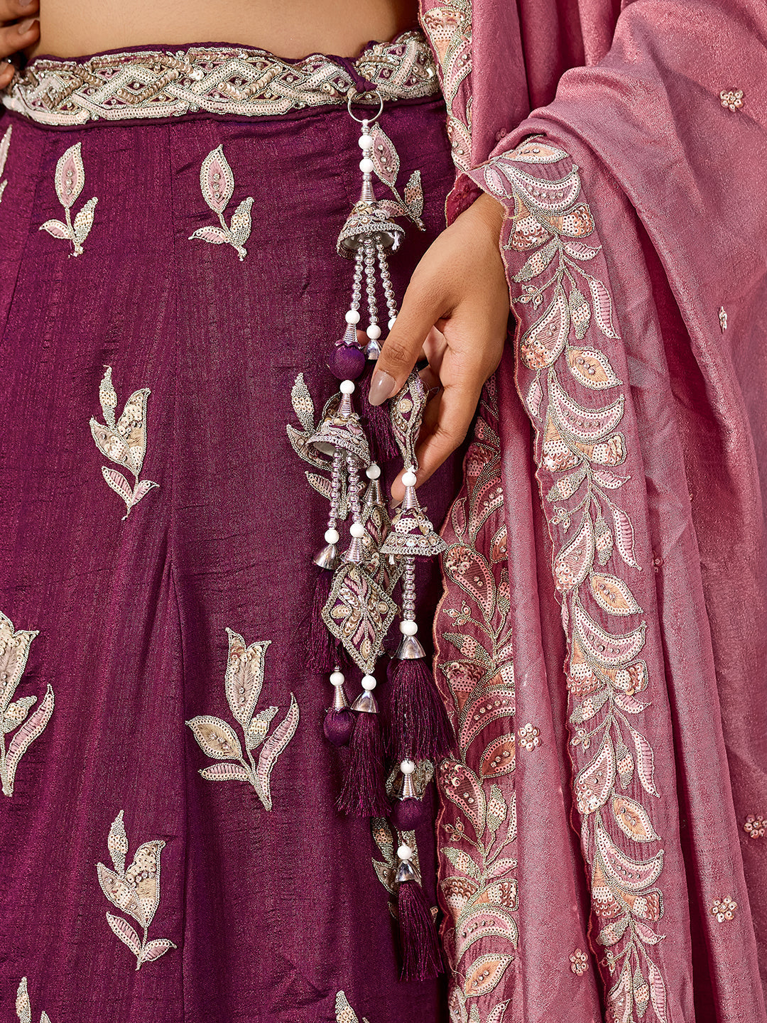 BURGUNDY - Silk Fabric Sequins embroidery Lehenga & Unstitched Blouse With Dupatta