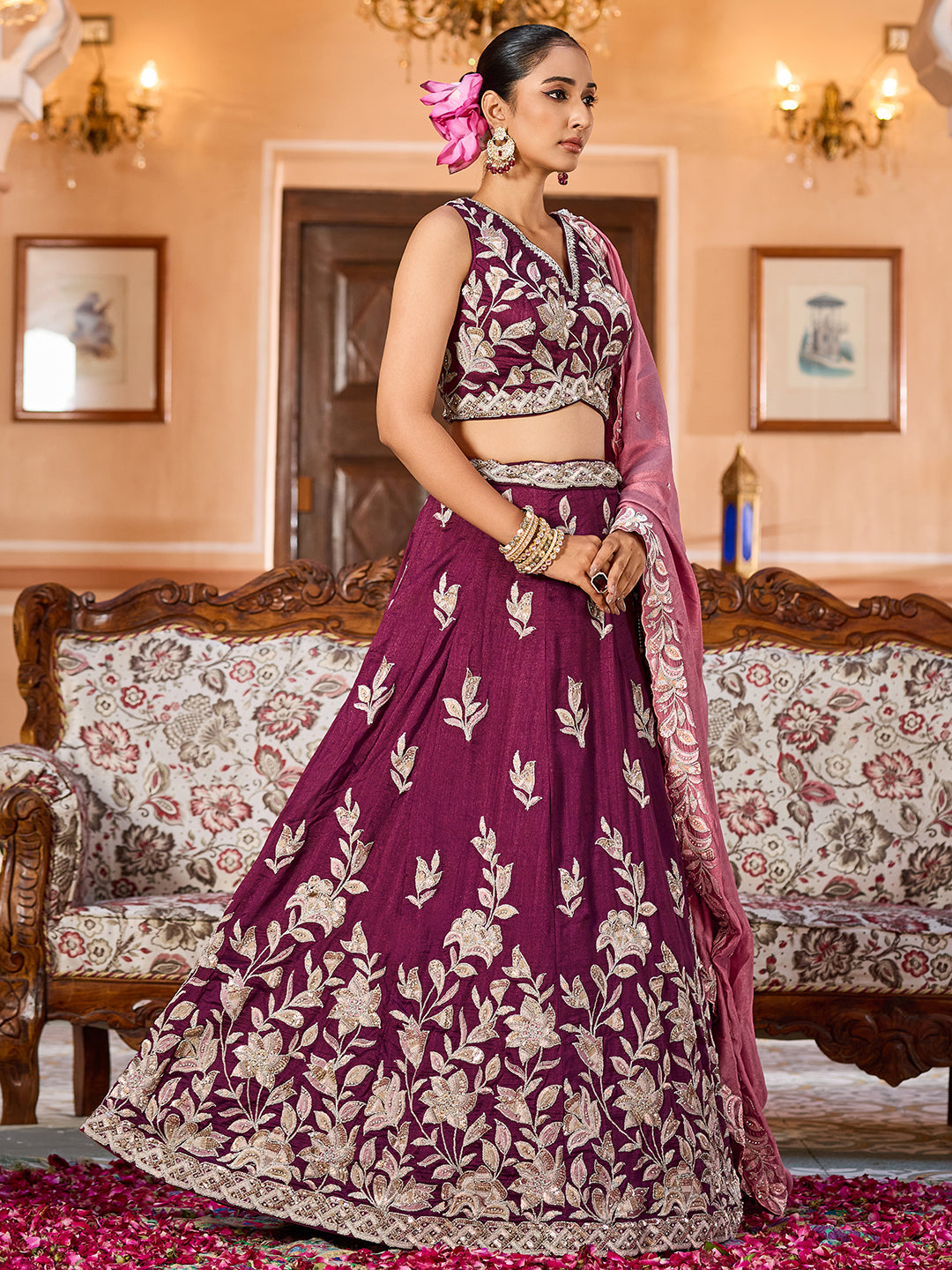 BURGUNDY - Silk Fabric Sequins embroidery Lehenga & Unstitched Blouse With Dupatta