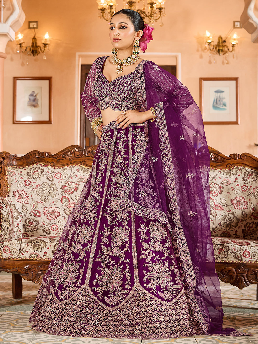 BURGUNDY - TEAL - Net Fabric Sequins embroidery Lehenga & Unstitched Blouse With Dupatta