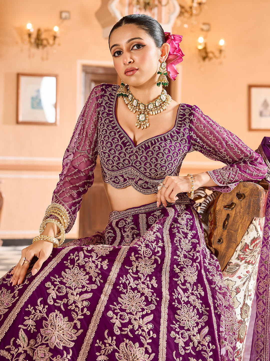 BURGUNDY - TEAL - Net Fabric Sequins embroidery Lehenga & Unstitched Blouse With Dupatta