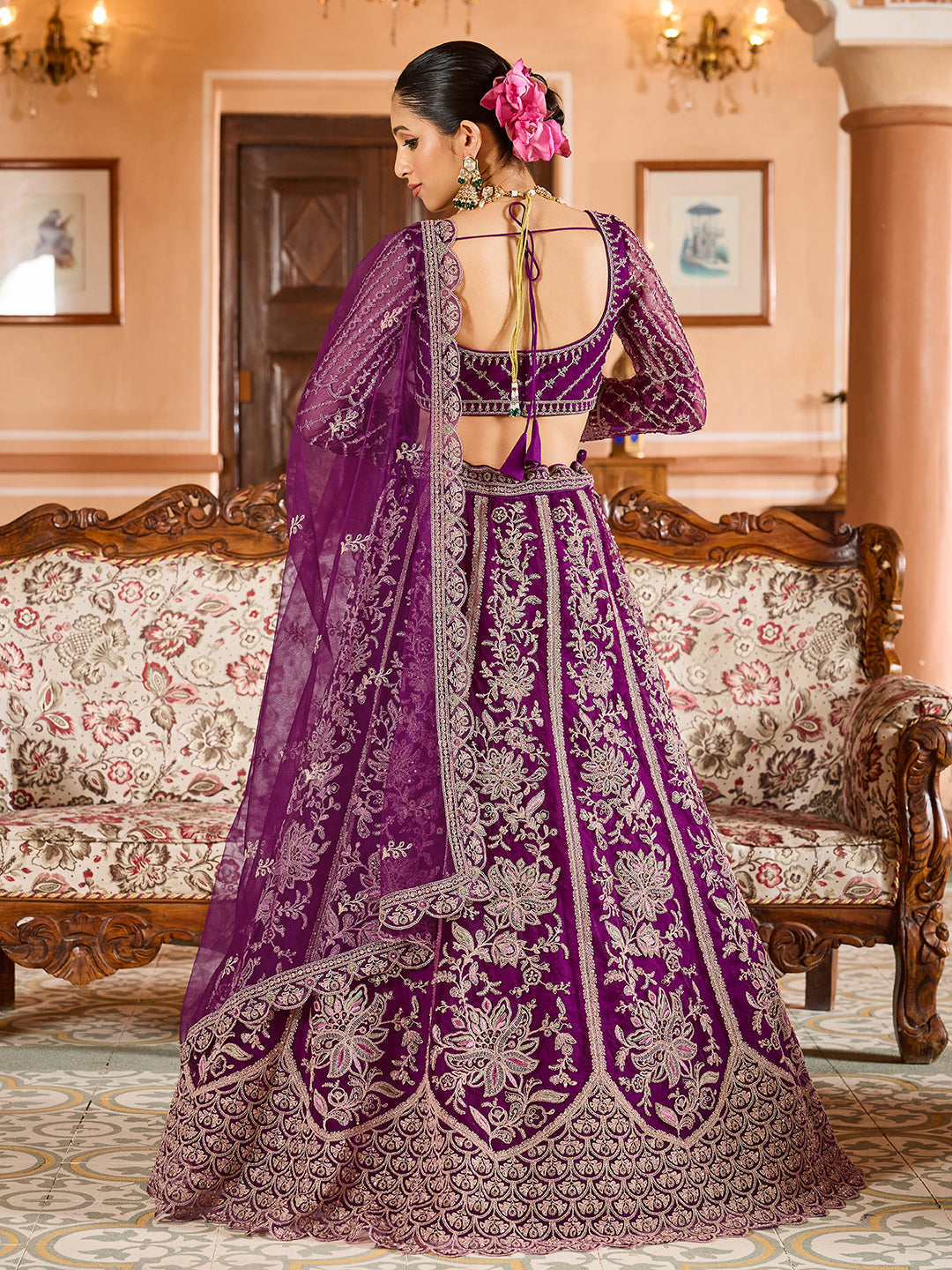 BURGUNDY - TEAL - Net Fabric Sequins embroidery Lehenga & Unstitched Blouse With Dupatta