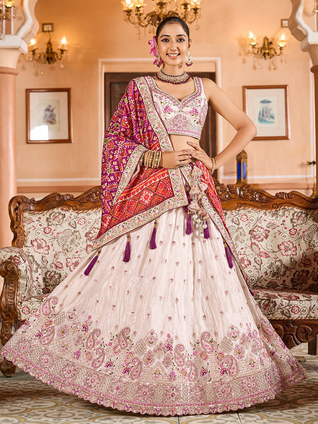 BURGUNDY - Tissue Fabric Sequins embroidery Lehenga & Unstitched Blouse With Burgundy Color Dupatta
