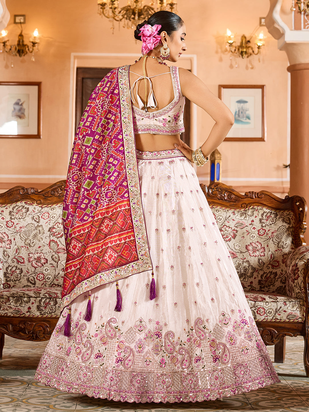 BURGUNDY - Tissue Fabric Sequins embroidery Lehenga & Unstitched Blouse With Burgundy Color Dupatta