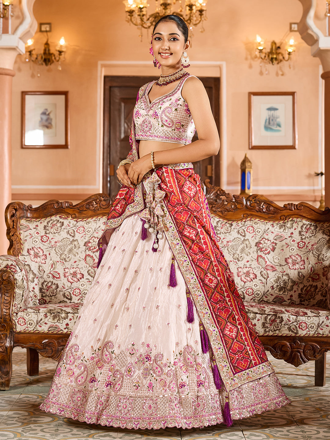 BURGUNDY - Tissue Fabric Sequins embroidery Lehenga & Unstitched Blouse With Burgundy Color Dupatta