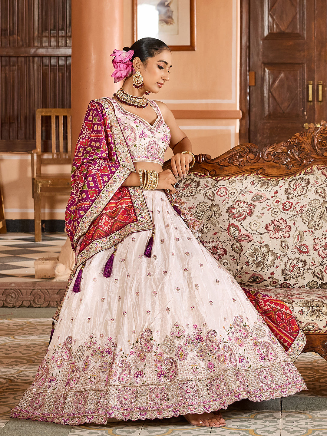 BURGUNDY - Tissue Fabric Sequins embroidery Lehenga & Unstitched Blouse With Burgundy Color Dupatta