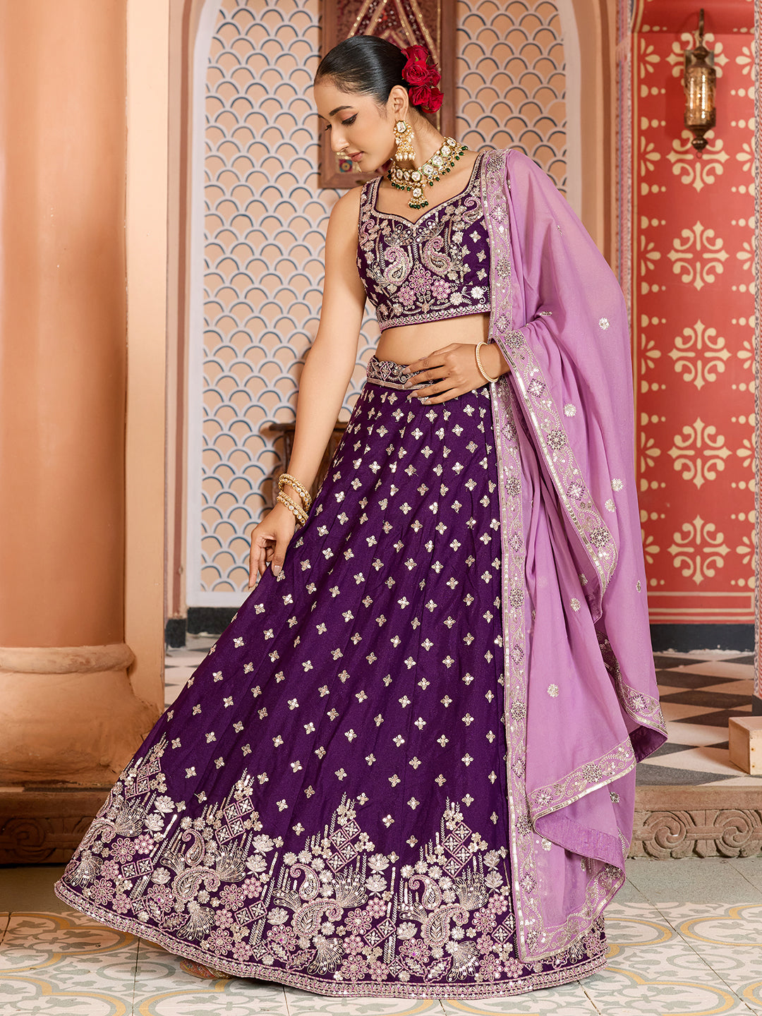 BURGUNDY - Tissue Silk Fabric Sequins embroidery Lehenga & Unstitched Blouse With Dupatta