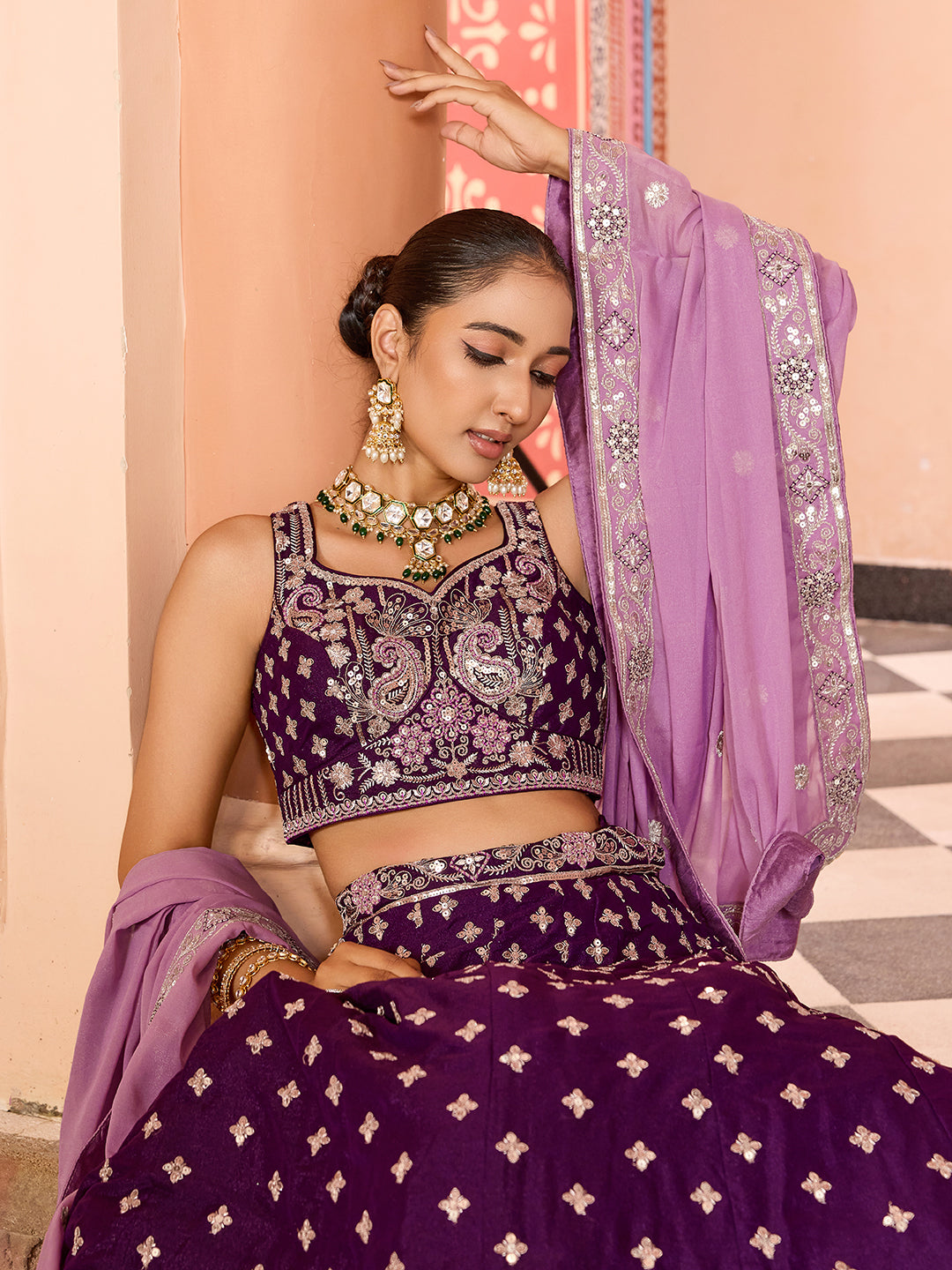 BURGUNDY - Tissue Silk Fabric Sequins embroidery Lehenga & Unstitched Blouse With Dupatta