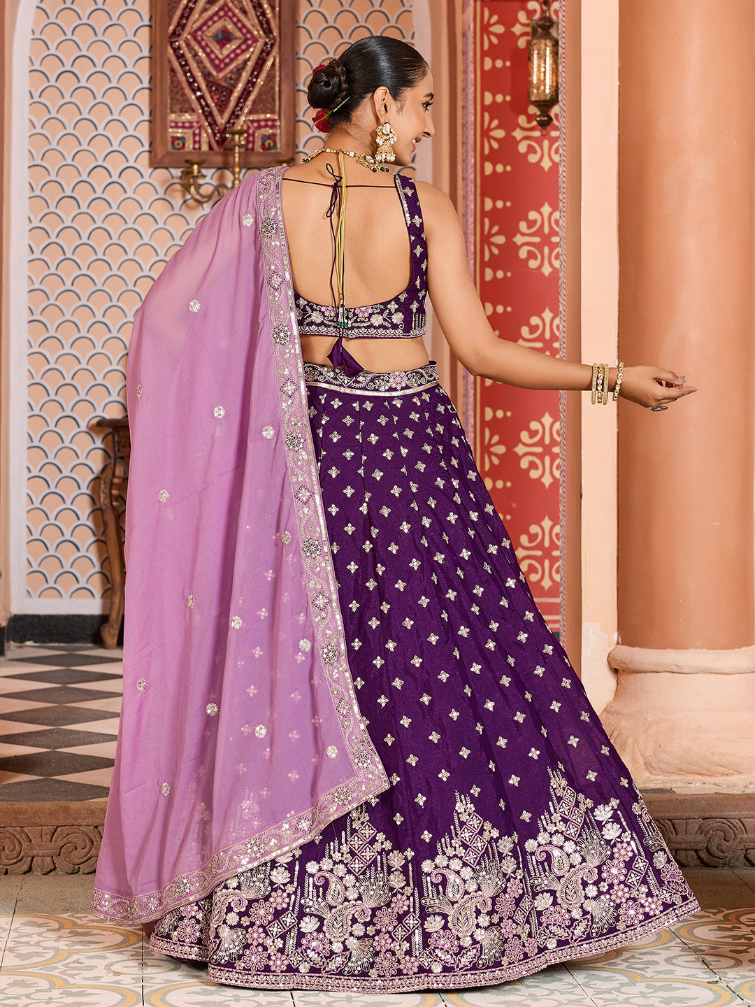 BURGUNDY - Tissue Silk Fabric Sequins embroidery Lehenga & Unstitched Blouse With Dupatta