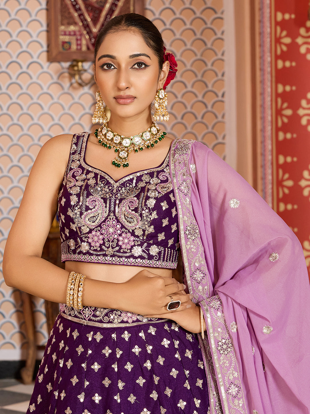 BURGUNDY - Tissue Silk Fabric Sequins embroidery Lehenga & Unstitched Blouse With Dupatta
