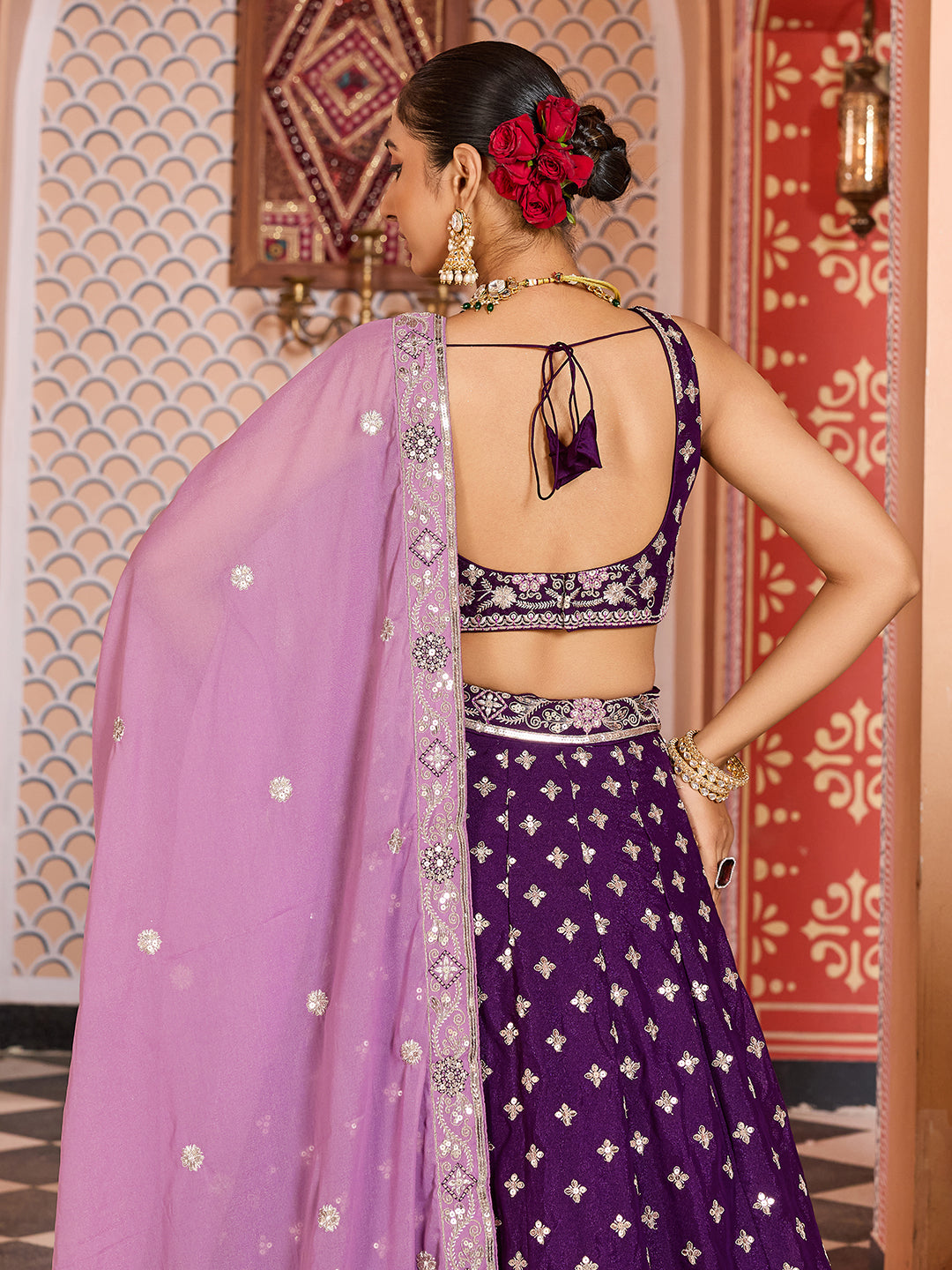 BURGUNDY - Tissue Silk Fabric Sequins embroidery Semi-Stitched Lehenga & Unstitched Blouse With Dupatta