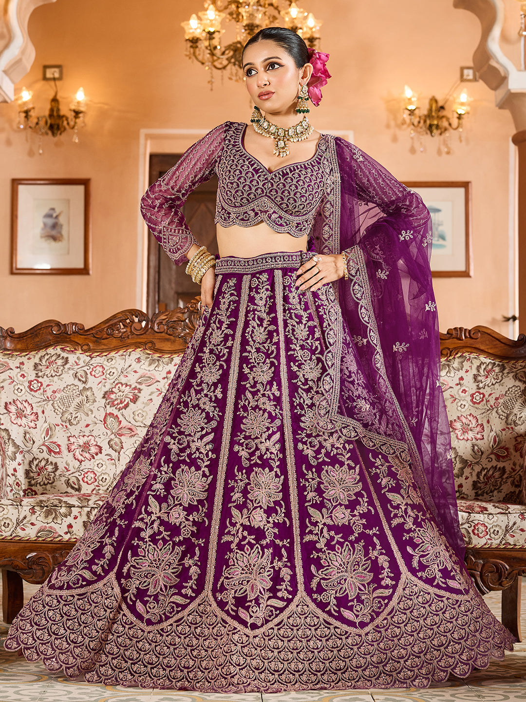 BURGUNDY - TEAL - Net Fabric Sequins embroidery Lehenga & Unstitched Blouse With Dupatta