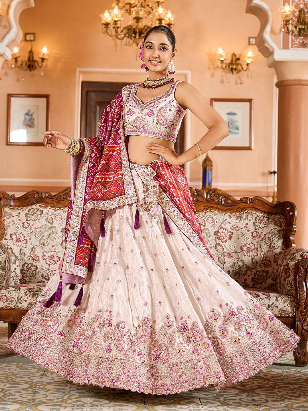 BURGUNDY - Tissue Fabric Sequins embroidery Lehenga & Unstitched Blouse With Burgundy Color Dupatta
