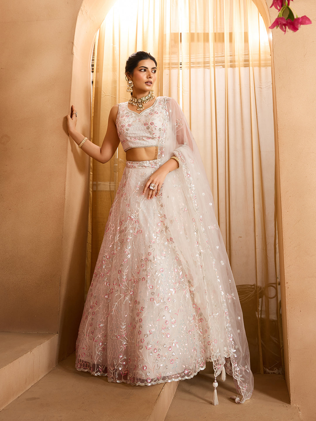 Cream- Net Fabric Sequins embroidery Semi-Stitched Lehenga & Unstitched Blouse With Dupatta - qivii