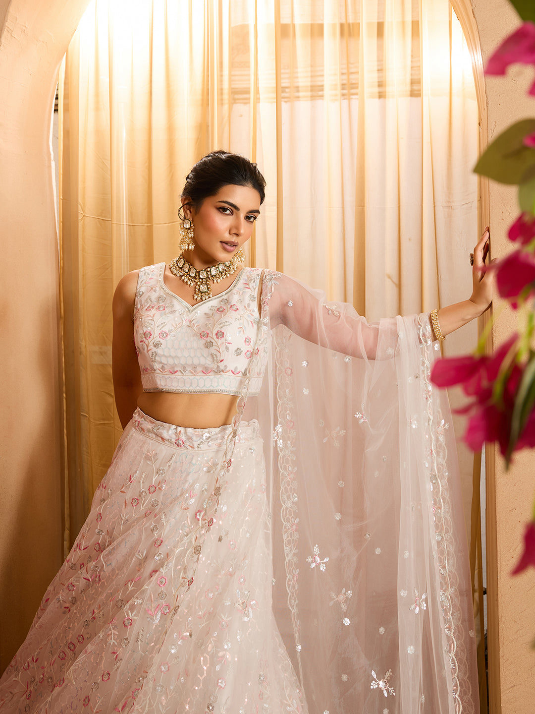 Cream- Net Fabric Sequins embroidery Semi-Stitched Lehenga & Unstitched Blouse With Dupatta - qivii