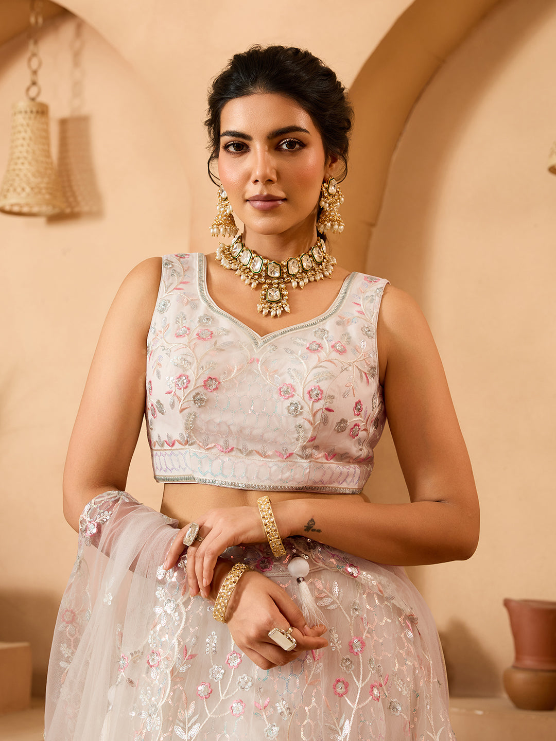 Cream- Net Fabric Sequins embroidery Semi-Stitched Lehenga & Unstitched Blouse With Dupatta - qivii