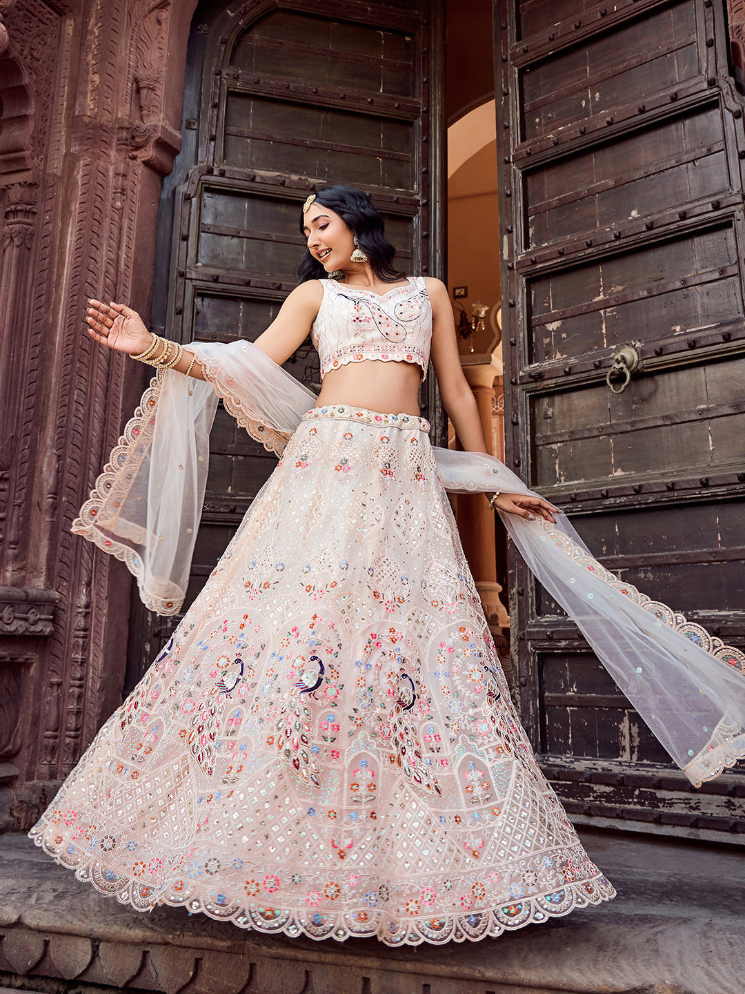 CREAM - Net Fabric Sequins embroidery Semi-Stitched Lehenga & Unstitched Blouse With Dupatta