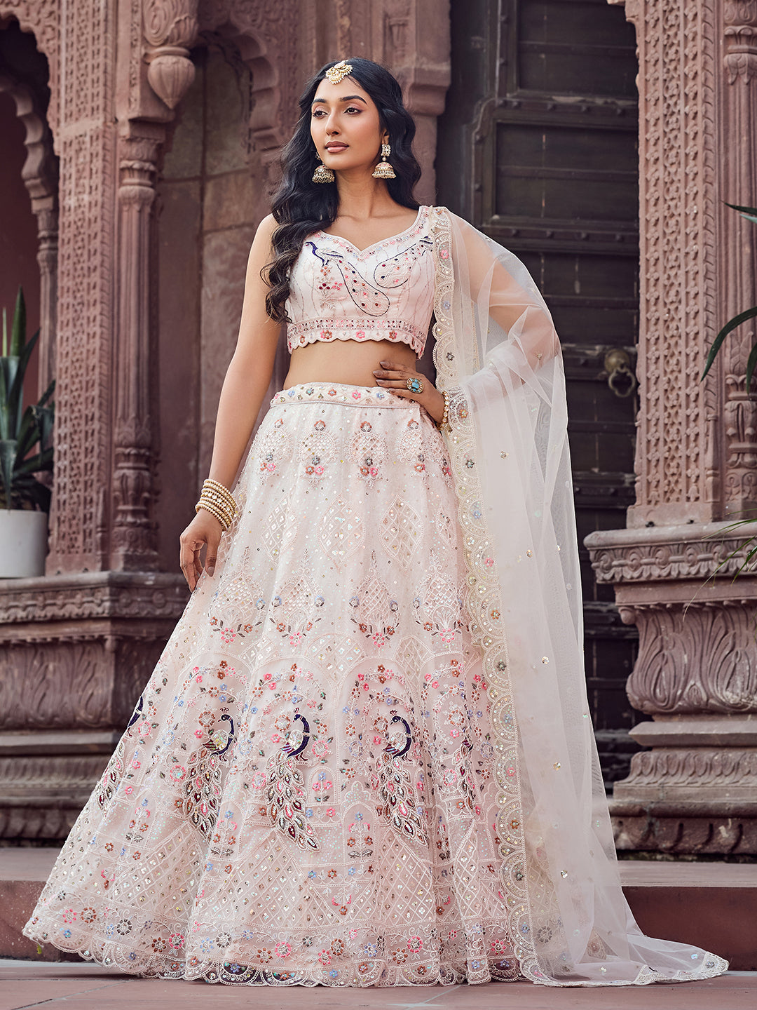 CREAM - Net Fabric Sequins embroidery Semi-Stitched Lehenga & Unstitched Blouse With Dupatta