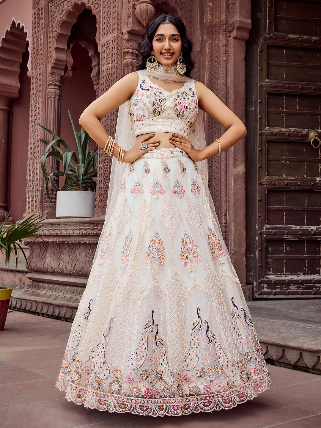 CREAM - Net Fabric Sequins embroidery Lehenga & Unstitched Blouse With Dupatta