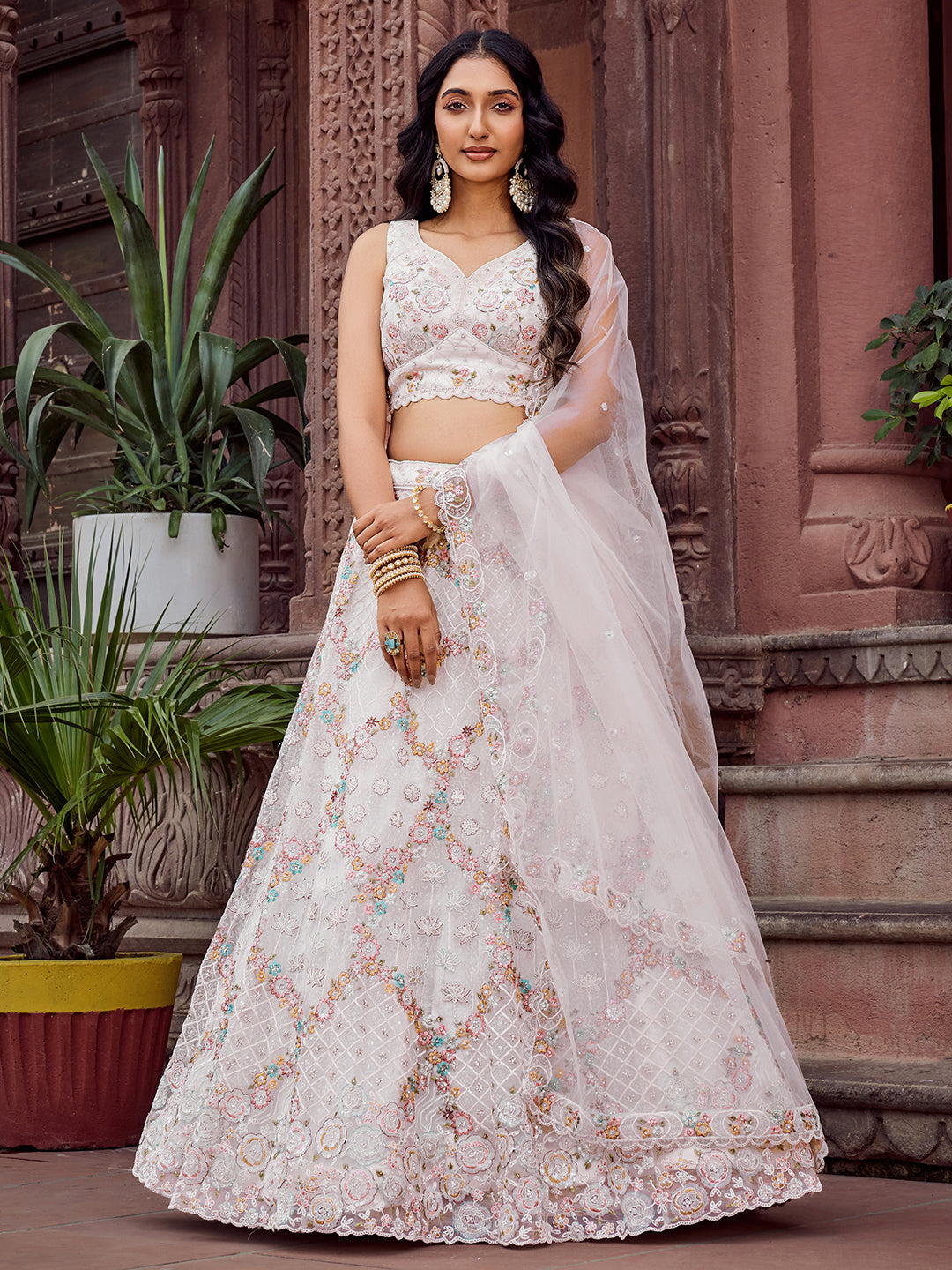 CREAM - Net Fabric Sequins embroidery Semi-Stitched Lehenga & Unstitched Blouse With Dupatta