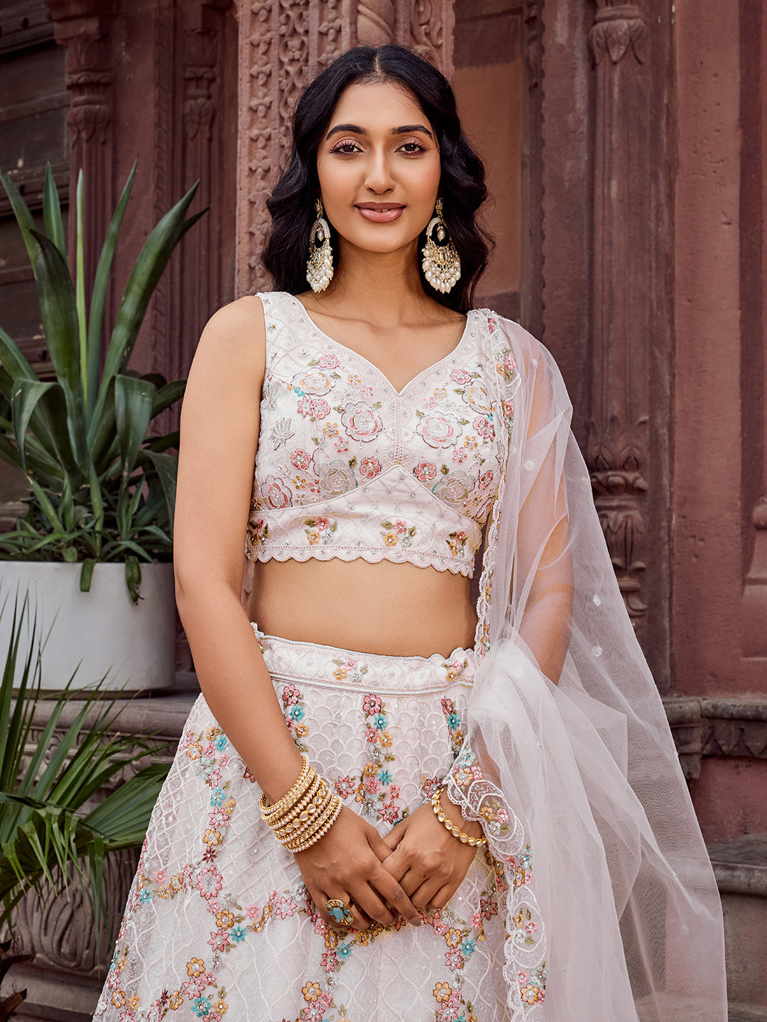 CREAM - Net Fabric Sequins embroidery Lehenga & Unstitched Blouse With Dupatta