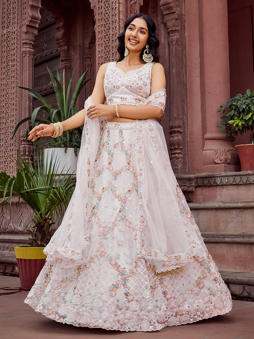 CREAM - Net Fabric Sequins embroidery Lehenga & Unstitched Blouse With Dupatta