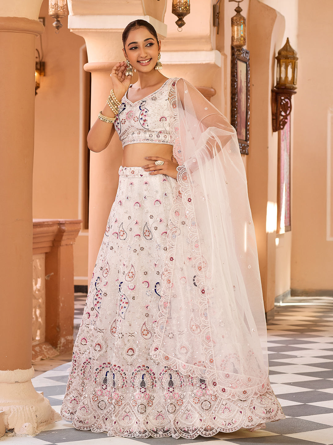 CREAM - Net Fabric Sequins embroidery Lehenga & Unstitched Blouse With Dupatta