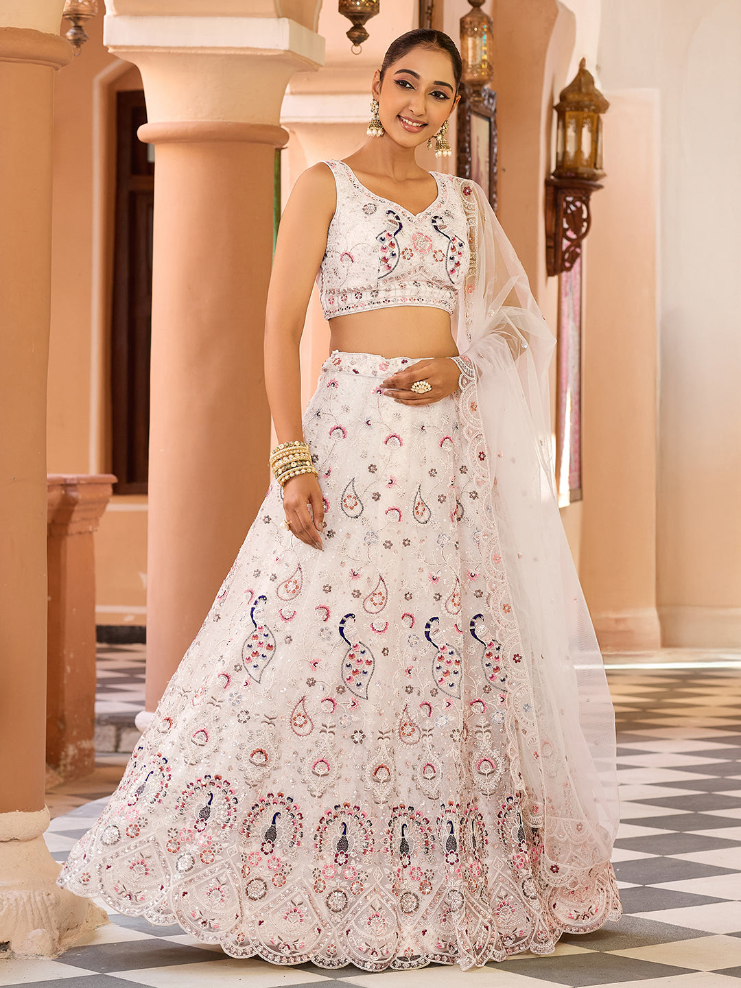 CREAM - Net Fabric Sequins embroidery Lehenga & Unstitched Blouse With Dupatta