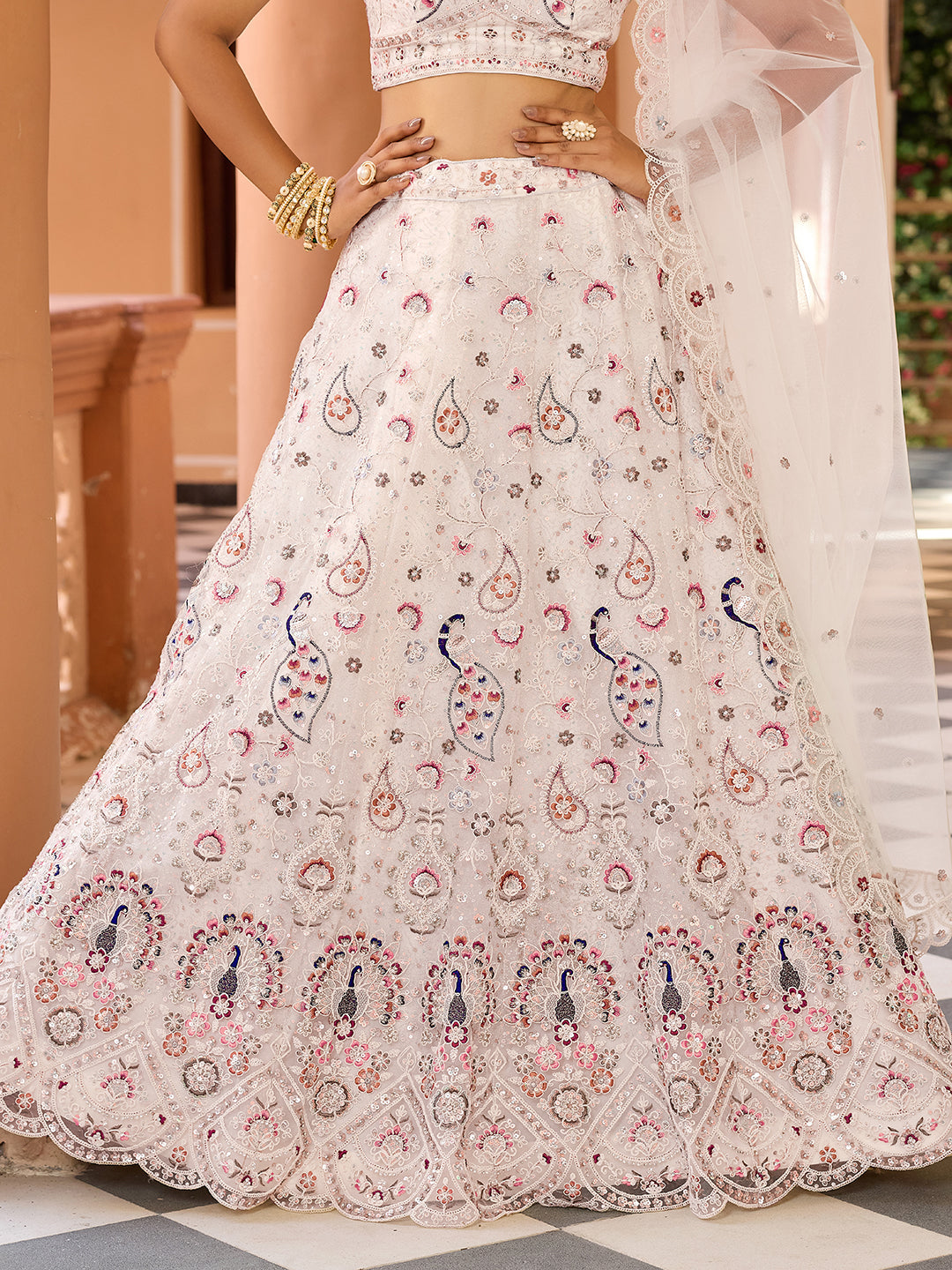 CREAM - Net Fabric Sequins embroidery Lehenga & Unstitched Blouse With Dupatta