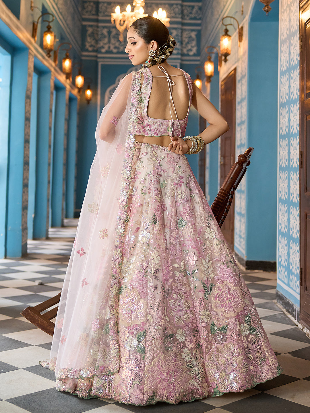 CREAM - Net Fabric Sequins embroidery Lehenga & Unstitched Blouse With Dupatta