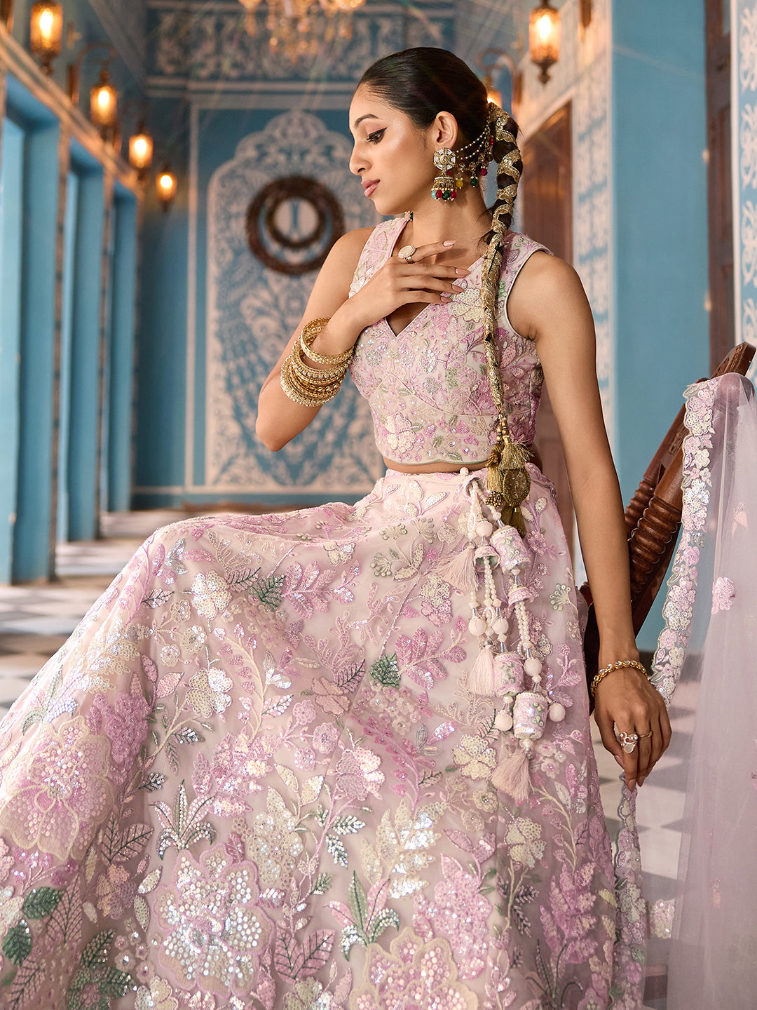 CREAM - Net Fabric Sequins embroidery Lehenga & Unstitched Blouse With Dupatta