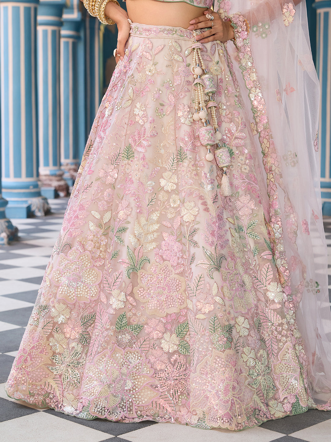 CREAM - Net Fabric Sequins embroidery Lehenga & Unstitched Blouse With Dupatta