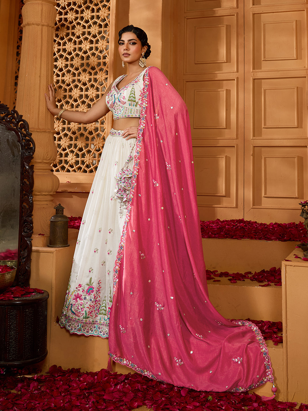 Cream- Silk Fabric Sequins embroidery Semi-Stitched Lehenga & Unstitched Blouse With Dupatta - qivii