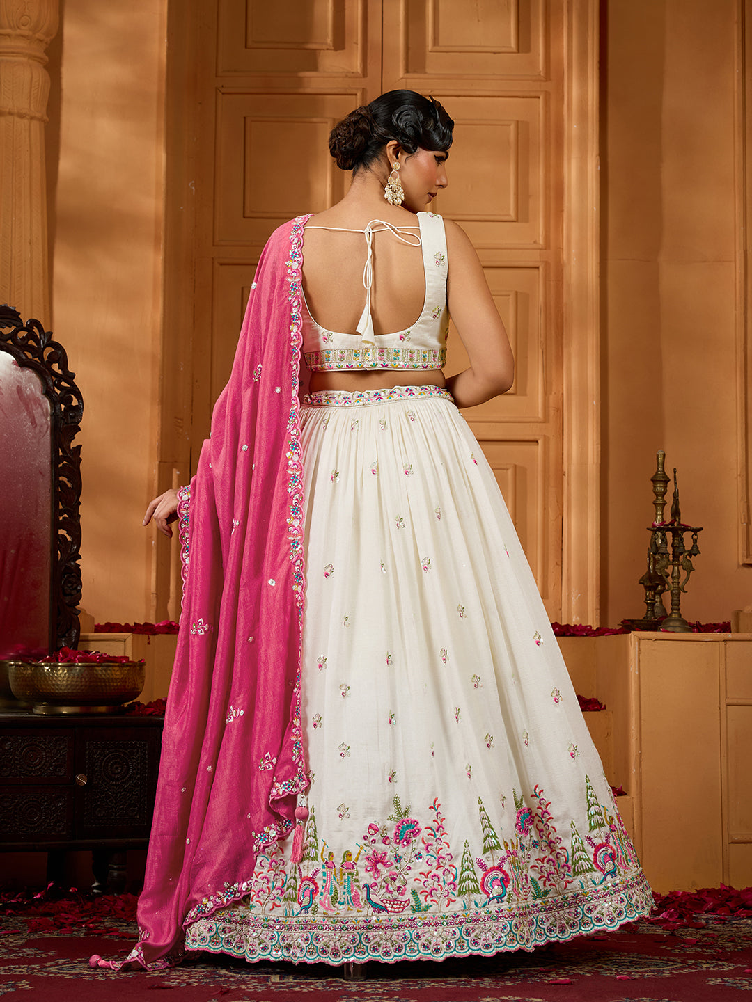 Cream- Silk Fabric Sequins embroidery Semi-Stitched Lehenga & Unstitched Blouse With Dupatta - qivii