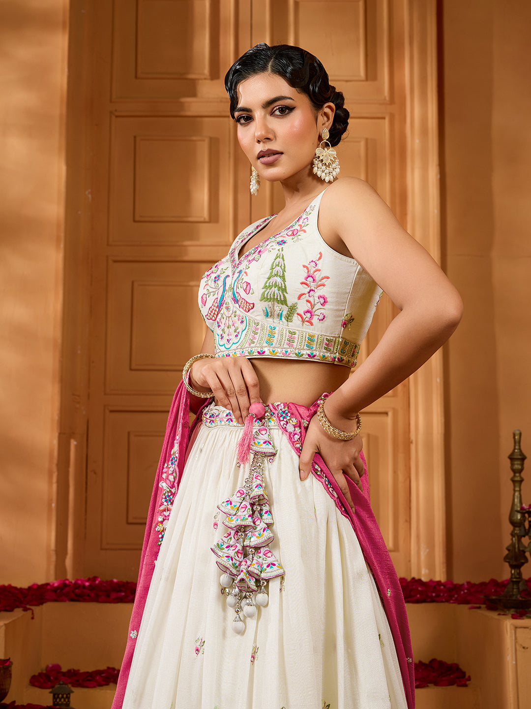 Cream- Silk Fabric Sequins embroidery Semi-Stitched Lehenga & Unstitched Blouse With Dupatta - qivii