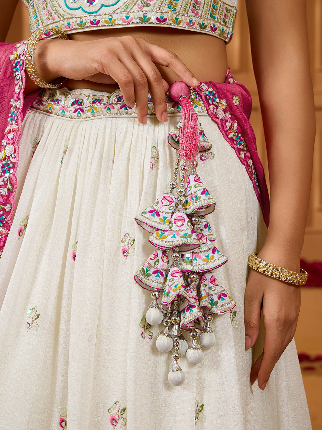 Cream- Silk Fabric Sequins embroidery Semi-Stitched Lehenga & Unstitched Blouse With Dupatta - qivii