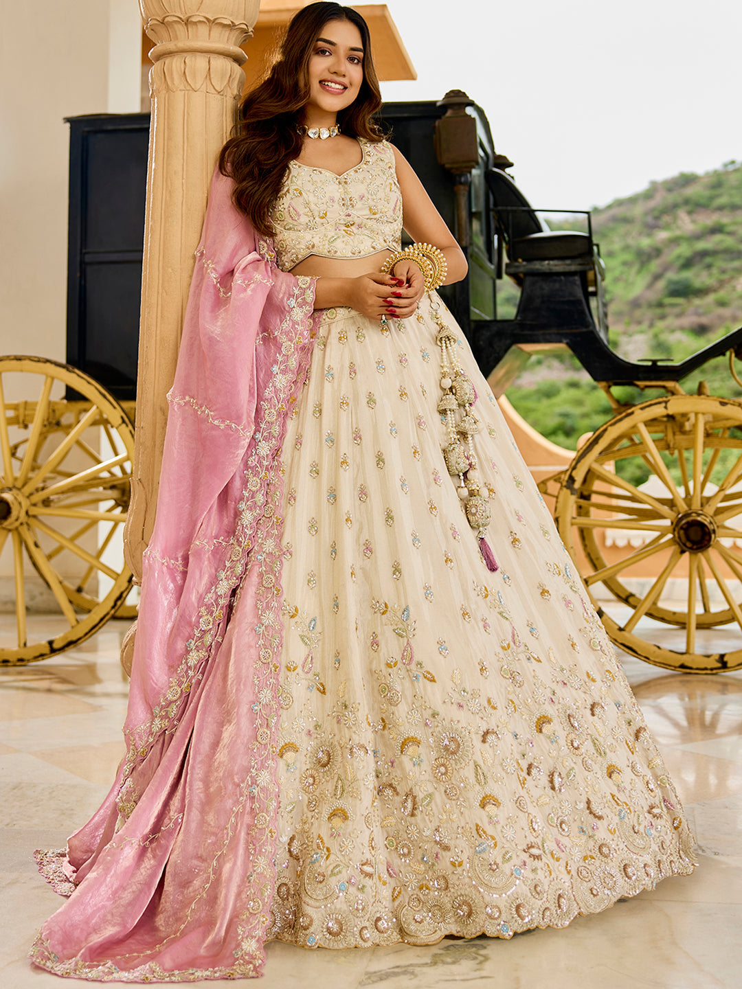 Cream - Tissue Fabric Beads & Sequince Embroidered Ready to Wear Lehenga Choli & Dupatta