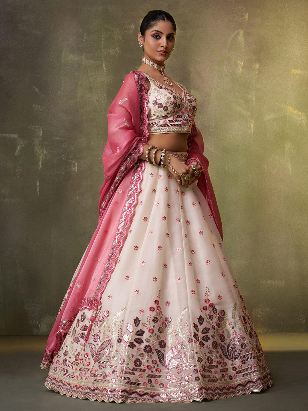 CREAM - Organza Fabric Sequins & Embroidery Lehenga & Unstitched Blouse With Dupatta