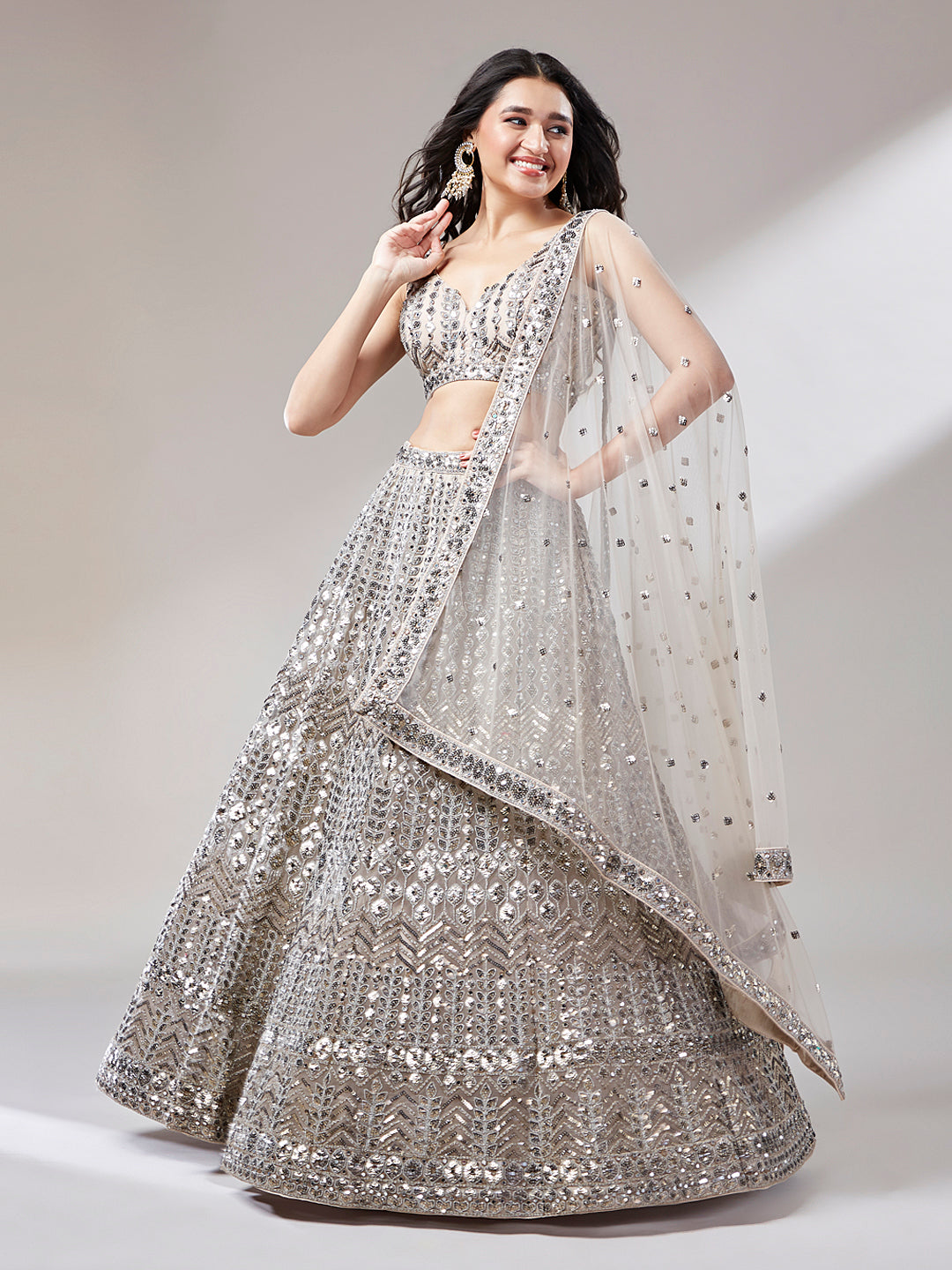 Beige - Net Mirror & Sequins Embroiderey Semi-Stitched Lehenga choli - qivii