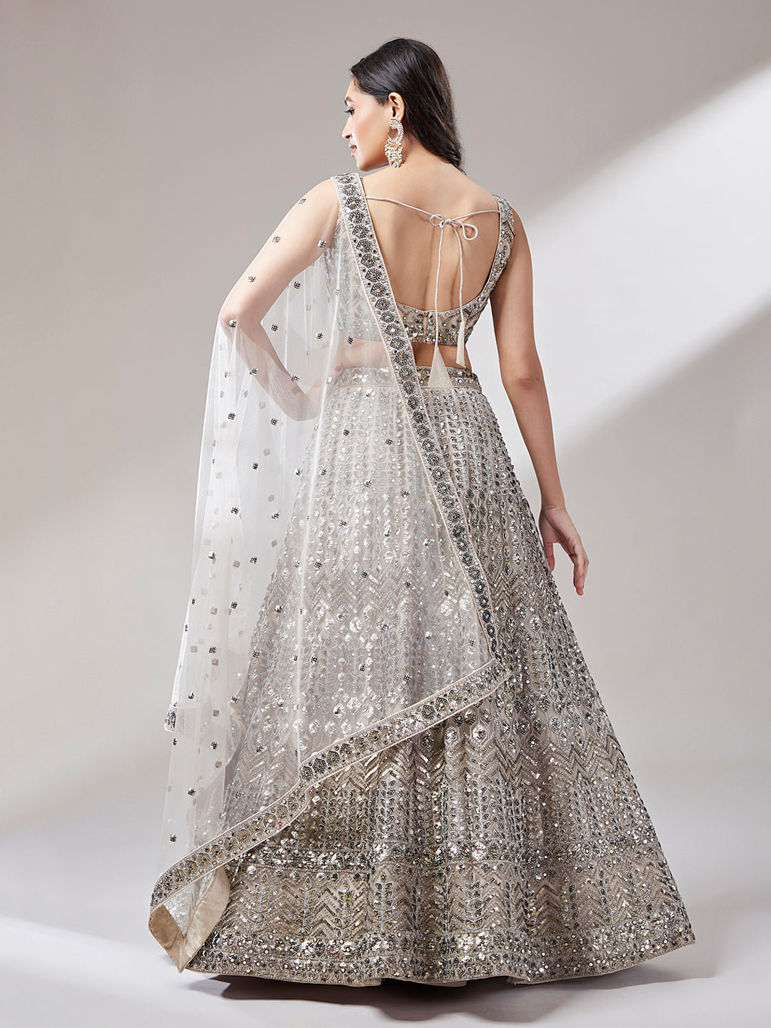 Beige - Net Mirror & Sequins Embroiderey Semi-Stitched Lehenga choli - qivii