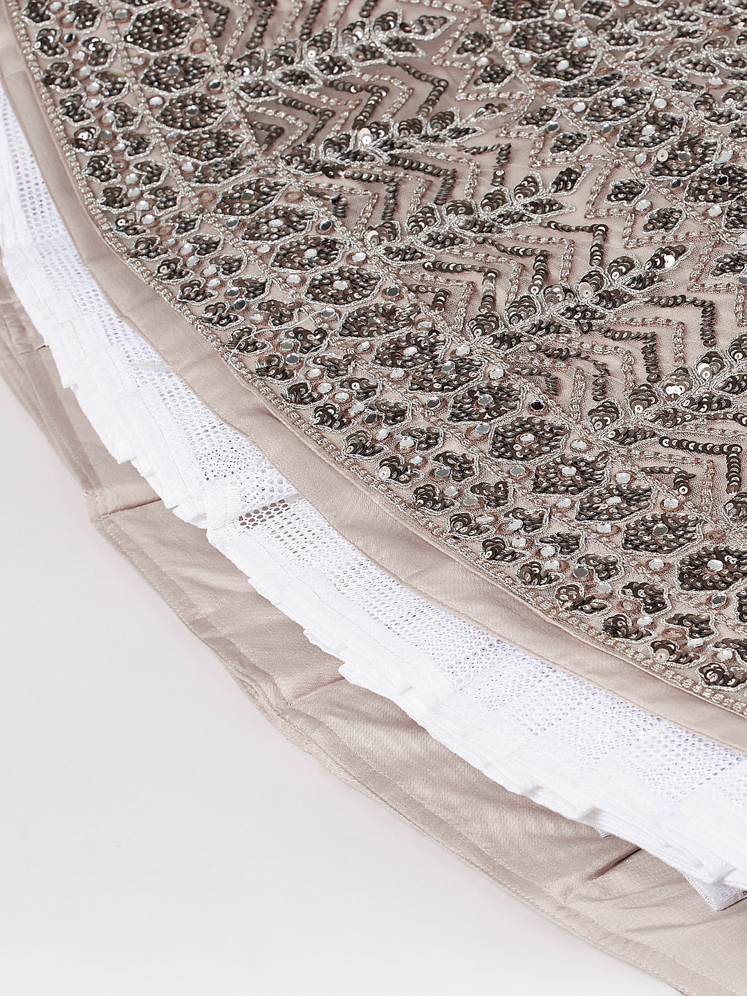 Beige - Net Mirror & Sequins Embroiderey Semi-Stitched Lehenga choli - qivii