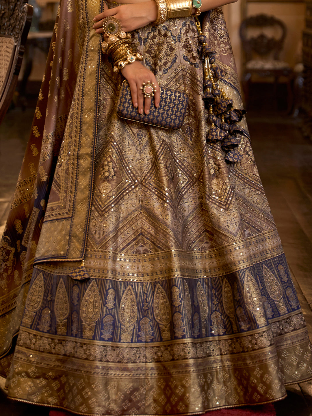 Blue-Golden Designer Silk Ready to Wear Lehenga Choli With Sparkle & Aari Mirror Work - qivii