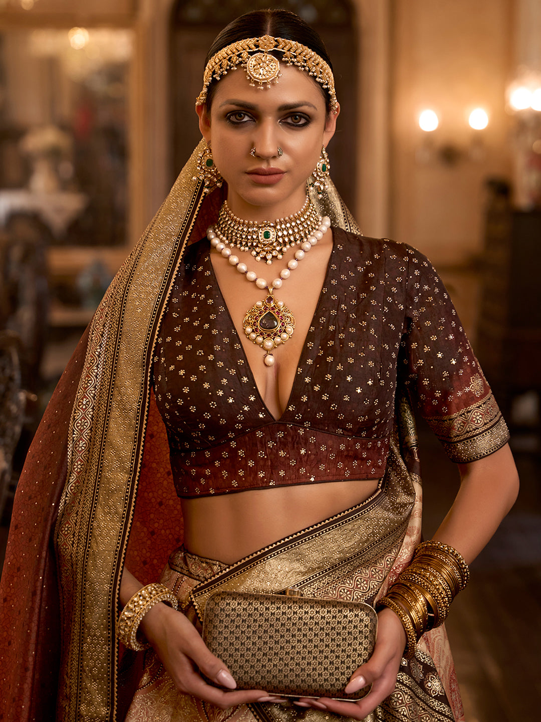 Brown-Golden Designer Silk Ready to Wear Lehenga Choli With Sparkle & Aari Mirror Work - qivii