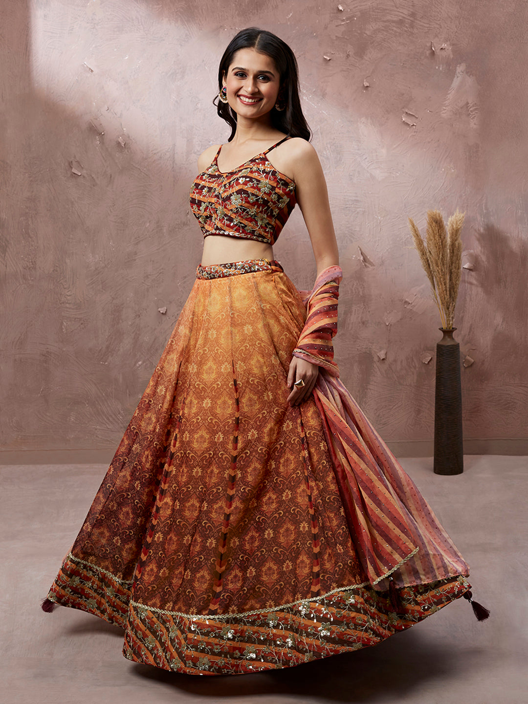 Brown Organza Floral Print and sequinse work Semi-Stitched Lehenga choli - qivii