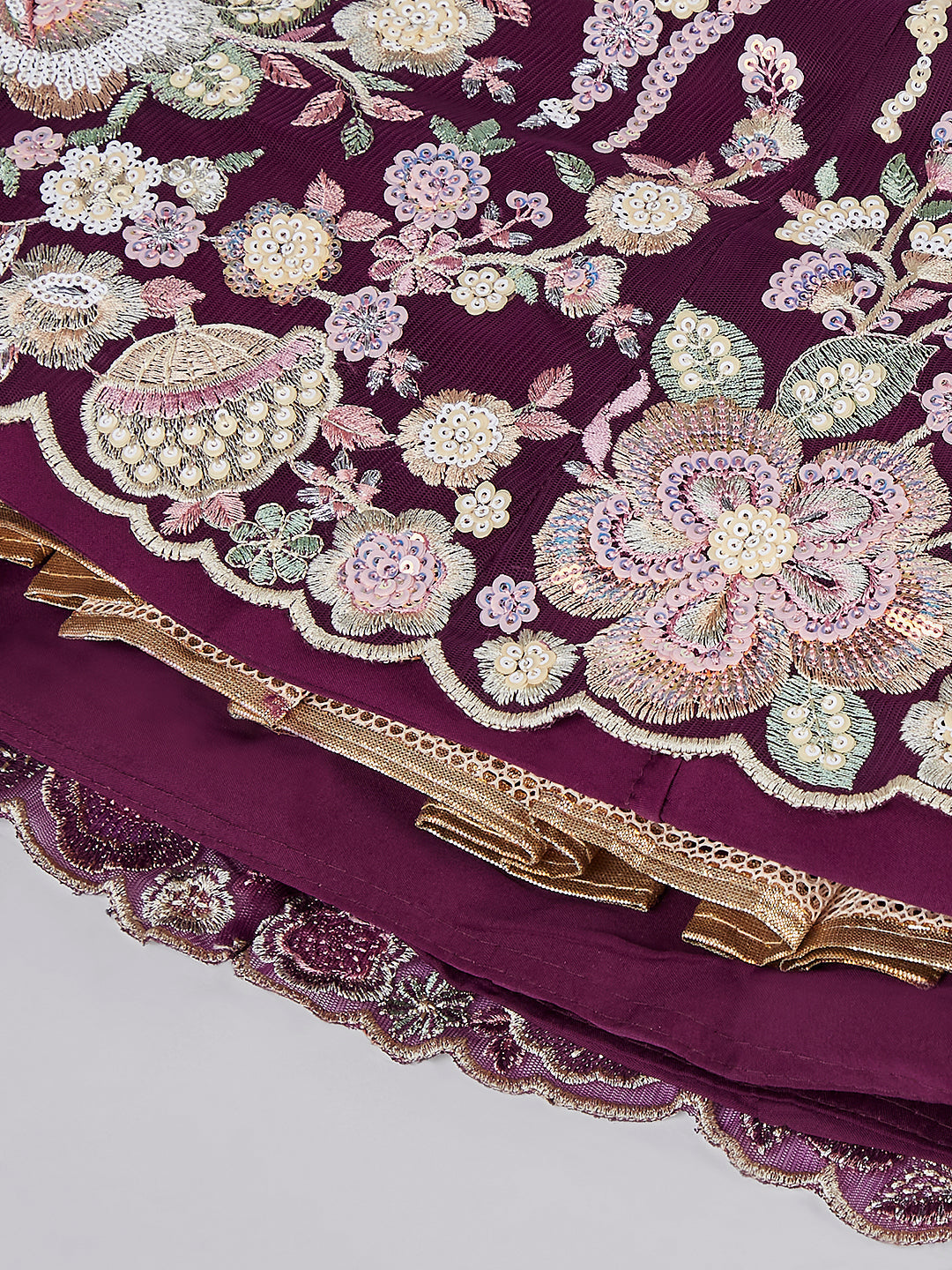 Burgundy - Multi-Sequins & Thread Work Embroidery Net Semi-Stitched Lehenga - qivii