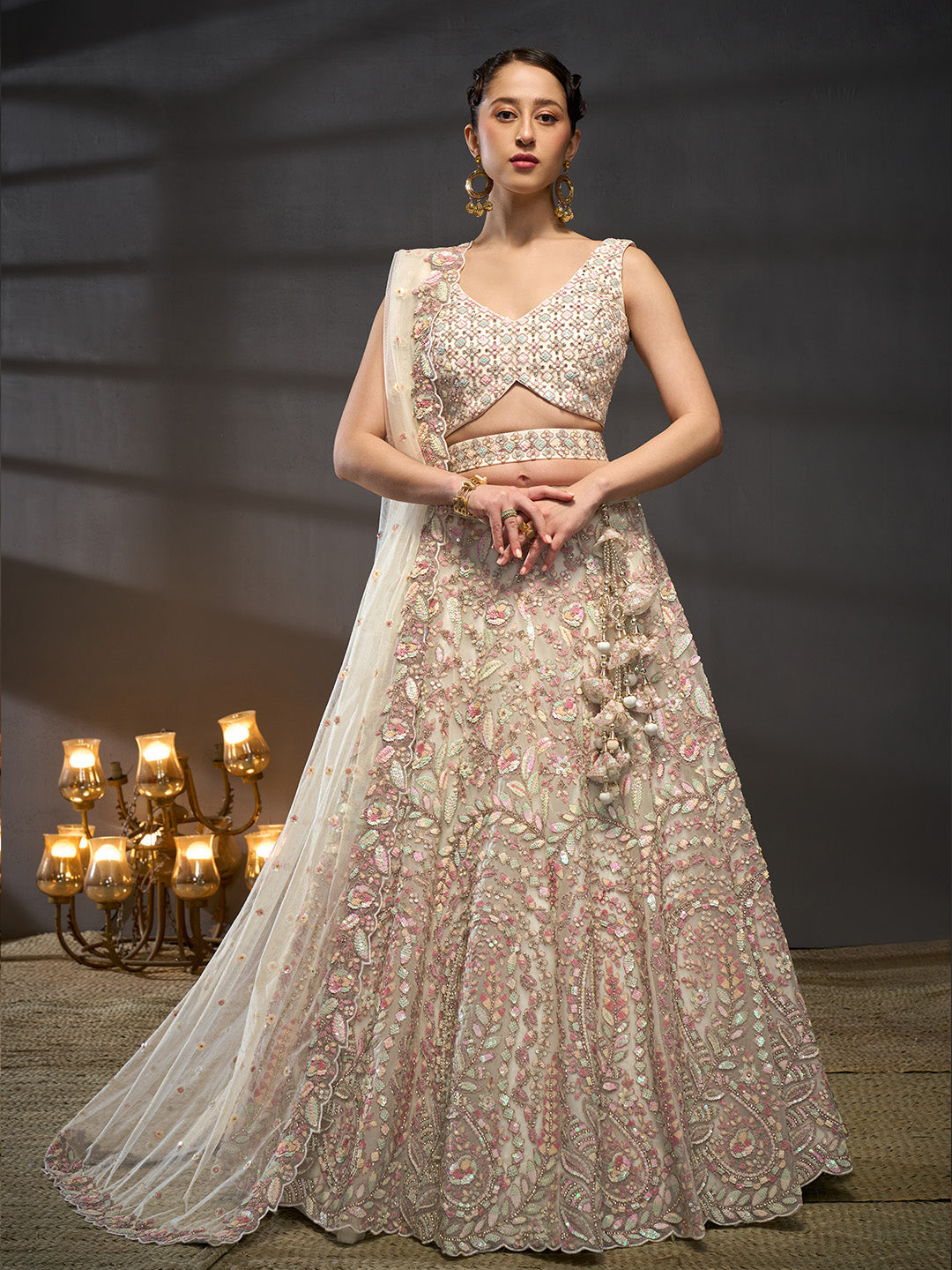Cream - Multi Sequins Heavy Zarkan Net Embroidered Semi-Stitched Bridal Lehenga choli - qivii