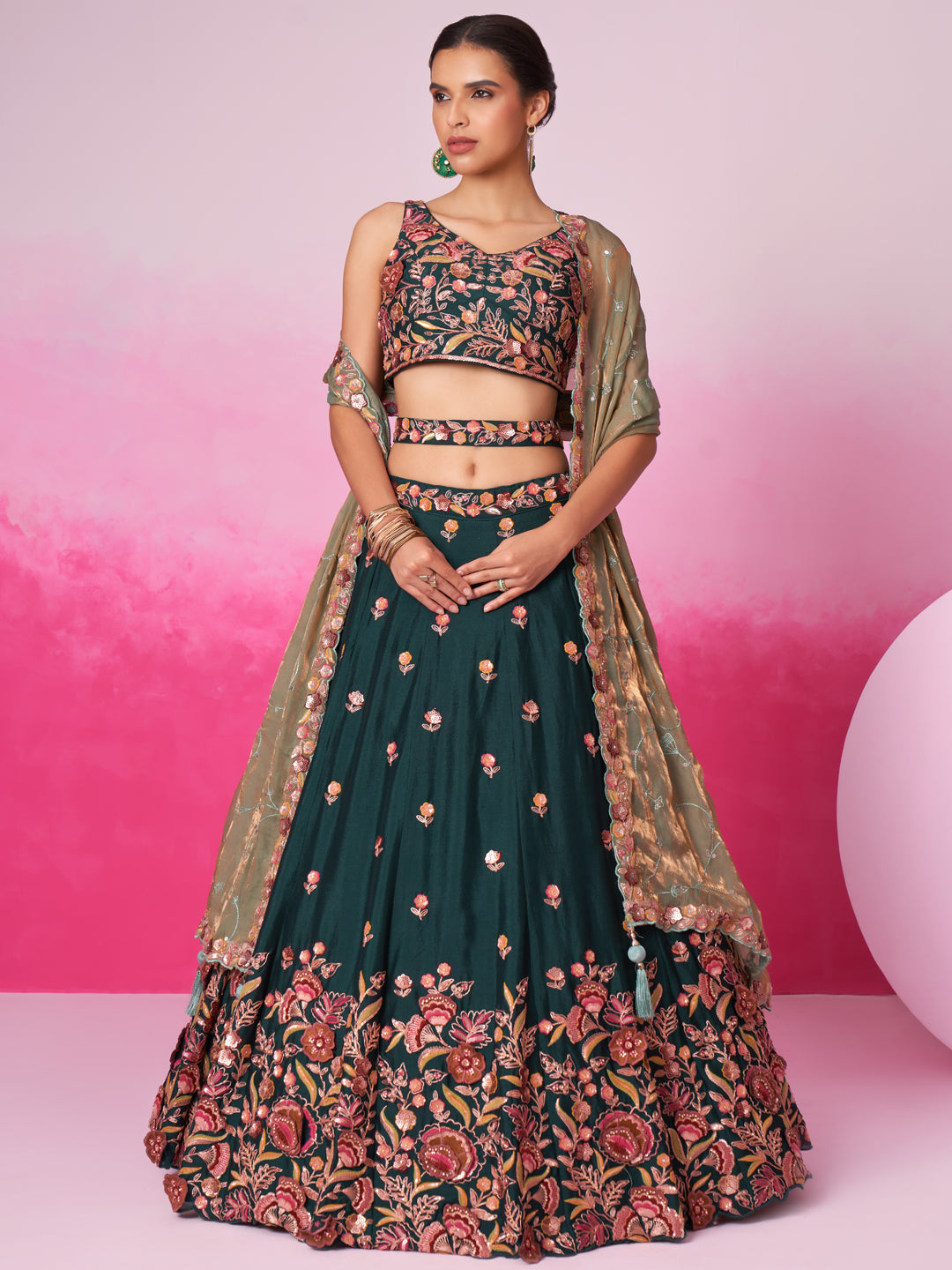 Green - Golden Dull-Bright Sequin,Threaded,Zarkan Embroidered Organza Semi-Stitched Lehenga choli - qivii
