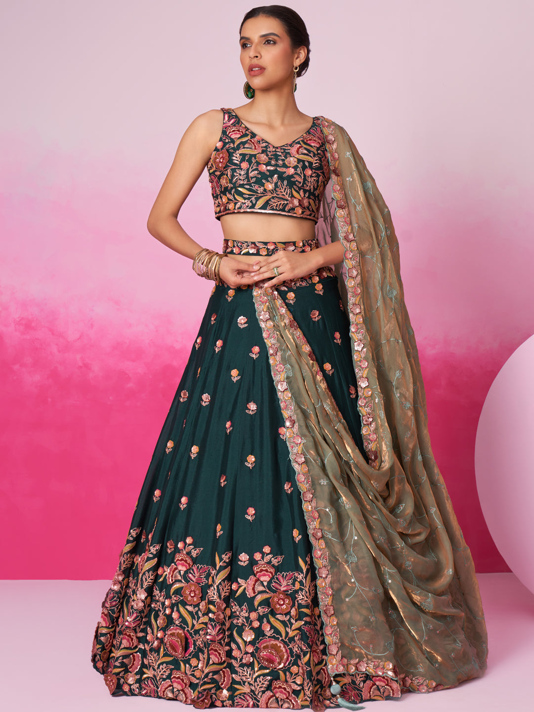 Green - Golden Dull-Bright Sequin,Threaded,Zarkan Embroidered Organza Semi-Stitched Lehenga choli - qivii