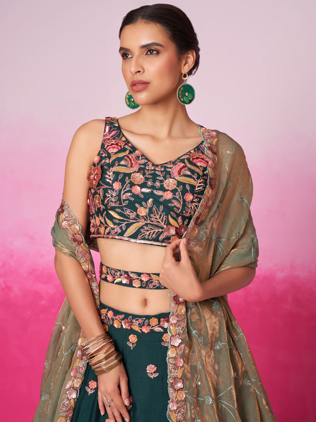 Green - Golden Dull-Bright Sequin,Threaded,Zarkan Embroidered Organza Semi-Stitched Lehenga choli - qivii